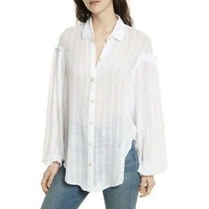 FREE PEOPLE Headed To The Highlands Women's Button Up White Blouse Top Sz M Boho
